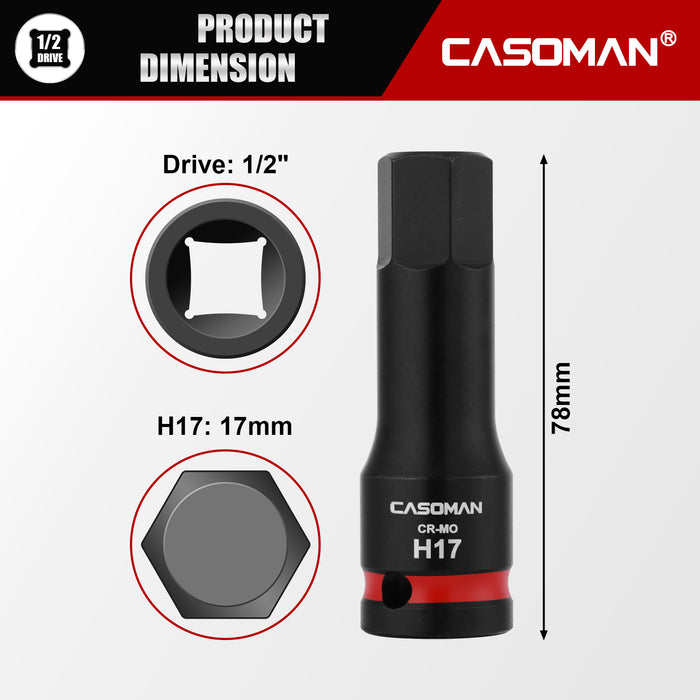 CASOMAN 1/2" Drive Large 17mm Impact Hex Bit Socket, One-Piece H17 Allen Socket with Red Color-Code Ring, 78mm Length, CR-MO