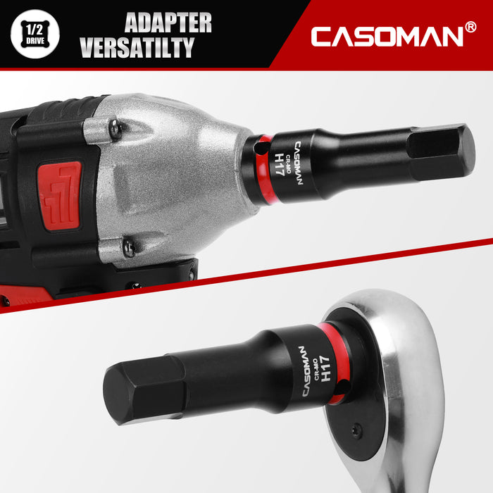 CASOMAN 1/2" Drive Large 17mm Impact Hex Bit Socket, One-Piece H17 Allen Socket with Red Color-Code Ring, 78mm Length, CR-MO