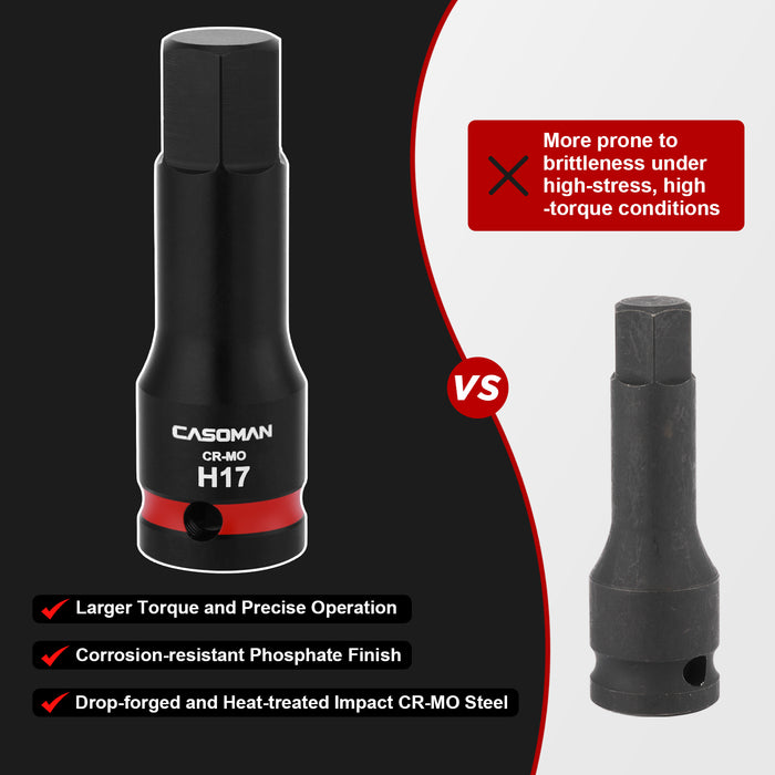 CASOMAN 1/2" Drive Large 17mm Impact Hex Bit Socket, One-Piece H17 Allen Socket with Red Color-Code Ring, 78mm Length, CR-MO