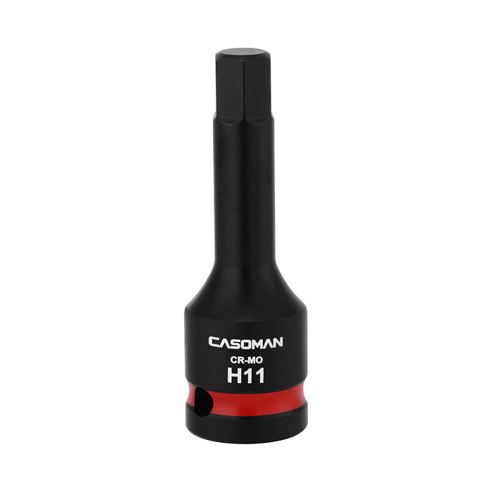 CASOMAN 1/2" Drive 11mm Impact Hex Bit Socket, One-Piece H11 Allen Socket with Red Color-Code Ring, 78mm Length, CR-MO