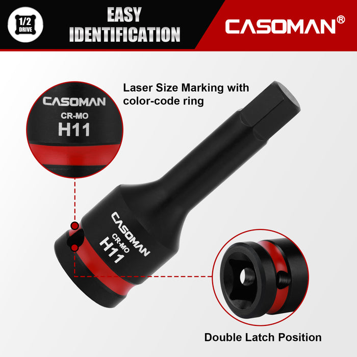 CASOMAN 1/2" Drive 11mm Impact Hex Bit Socket, One-Piece H11 Allen Socket with Red Color-Code Ring, 78mm Length, CR-MO