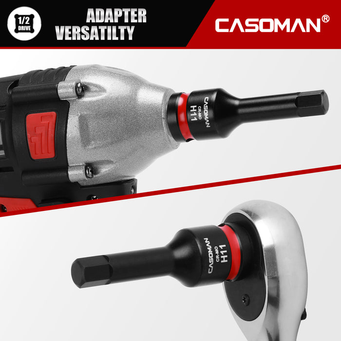 CASOMAN 1/2" Drive 11mm Impact Hex Bit Socket, One-Piece H11 Allen Socket with Red Color-Code Ring, 78mm Length, CR-MO