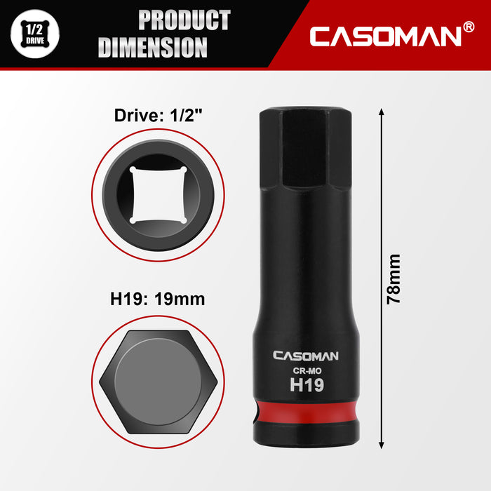 CASOMAN 1/2" Drive 19mm Impact Hex Bit Socket, One-Piece H19 Allen Socket with Red Color-Code Ring, 78mm Length, CR-MO