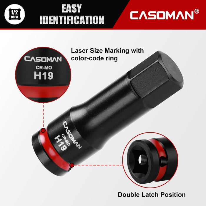 CASOMAN 1/2" Drive 19mm Impact Hex Bit Socket, One-Piece H19 Allen Socket with Red Color-Code Ring, 78mm Length, CR-MO
