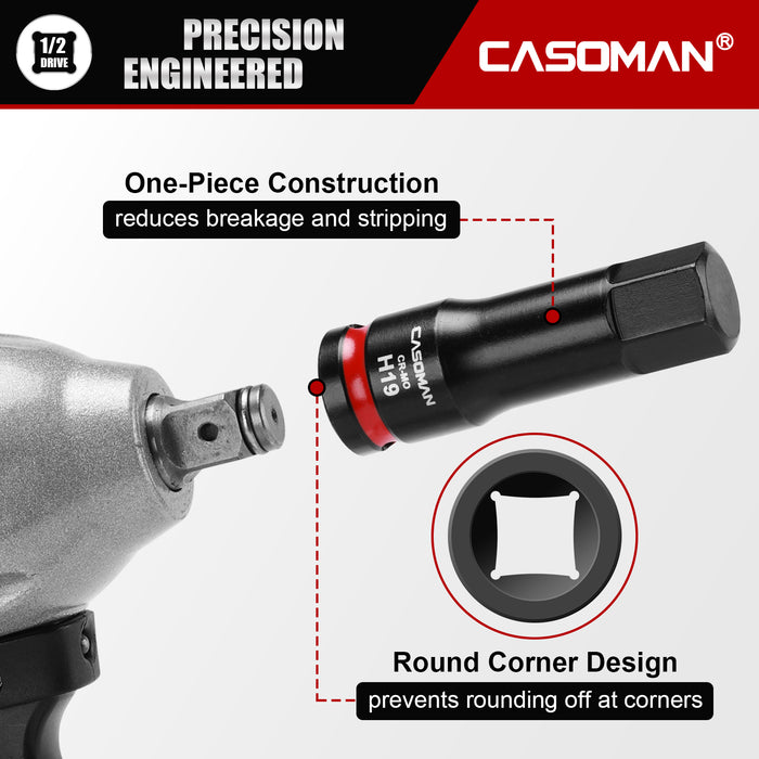 CASOMAN 1/2" Drive 19mm Impact Hex Bit Socket, One-Piece H19 Allen Socket with Red Color-Code Ring, 78mm Length, CR-MO