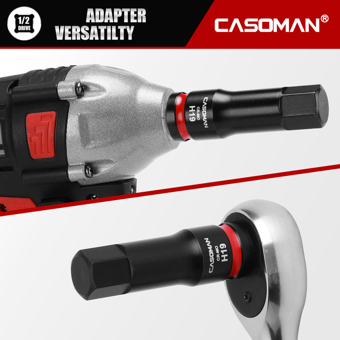 CASOMAN 1/2" Drive 19mm Impact Hex Bit Socket, One-Piece H19 Allen Socket with Red Color-Code Ring, 78mm Length, CR-MO