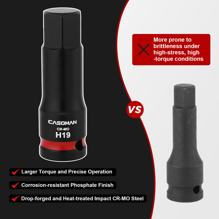CASOMAN 1/2" Drive 19mm Impact Hex Bit Socket, One-Piece H19 Allen Socket with Red Color-Code Ring, 78mm Length, CR-MO