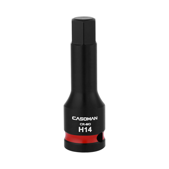 CASOMAN 1/2" Drive 14mm Impact Hex Bit Socket, One-Piece H14 Allen Socket with Red Color-Code Ring, 78mm Length, CR-MO