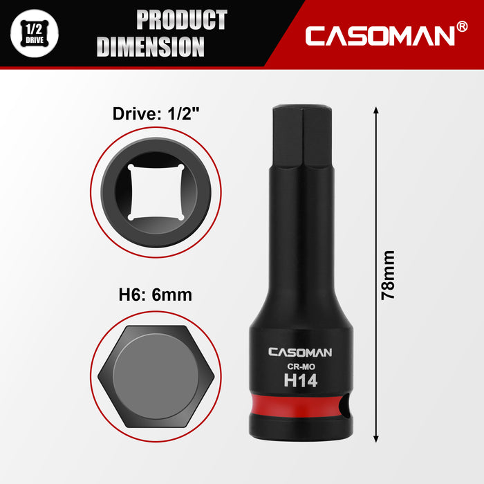 CASOMAN 1/2" Drive 14mm Impact Hex Bit Socket, One-Piece H14 Allen Socket with Red Color-Code Ring, 78mm Length, CR-MO