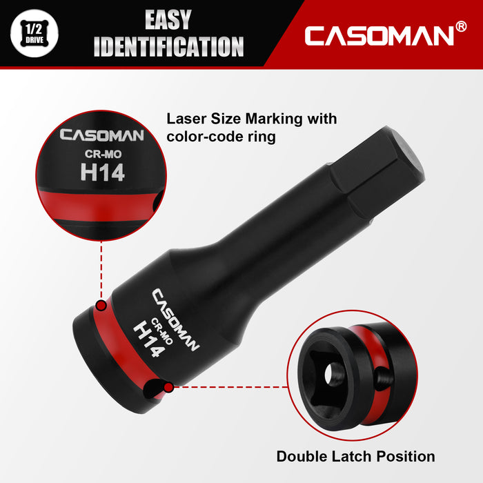 CASOMAN 1/2" Drive 14mm Impact Hex Bit Socket, One-Piece H14 Allen Socket with Red Color-Code Ring, 78mm Length, CR-MO