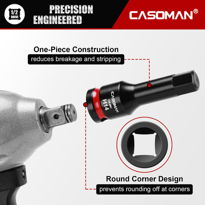 CASOMAN 1/2" Drive 14mm Impact Hex Bit Socket, One-Piece H14 Allen Socket with Red Color-Code Ring, 78mm Length, CR-MO
