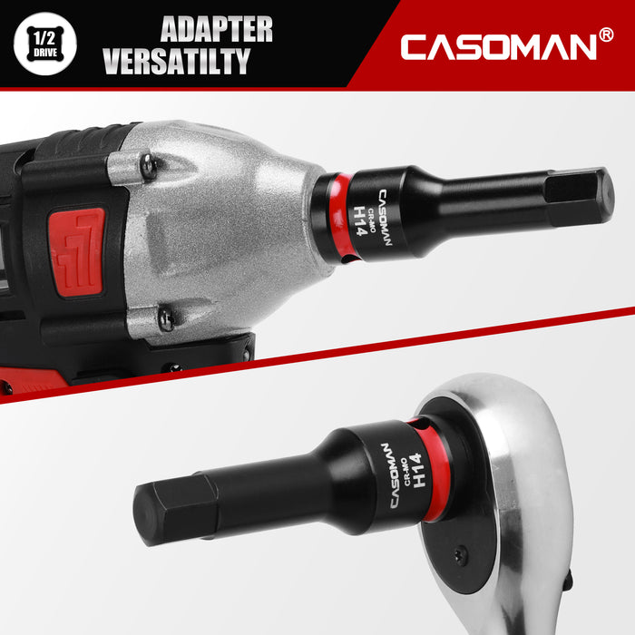 CASOMAN 1/2" Drive 14mm Impact Hex Bit Socket, One-Piece H14 Allen Socket with Red Color-Code Ring, 78mm Length, CR-MO