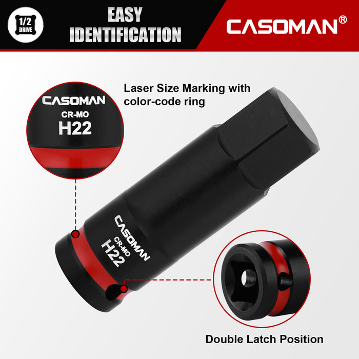 CASOMAN 1/2" Drive 22mm Impact Hex Bit Socket, One-Piece H22 Allen Socket with Red Color-Code Ring, 78mm Length, CR-MO