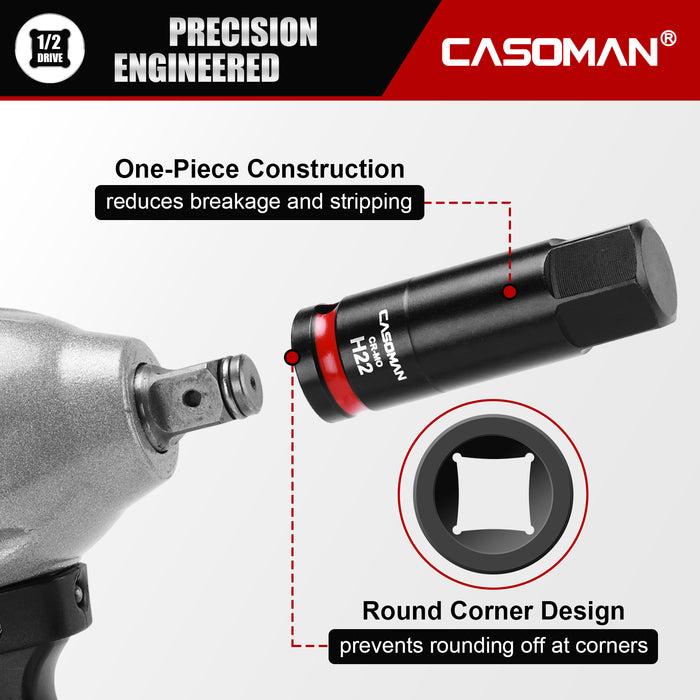 CASOMAN 1/2" Drive 22mm Impact Hex Bit Socket, One-Piece H22 Allen Socket with Red Color-Code Ring, 78mm Length, CR-MO