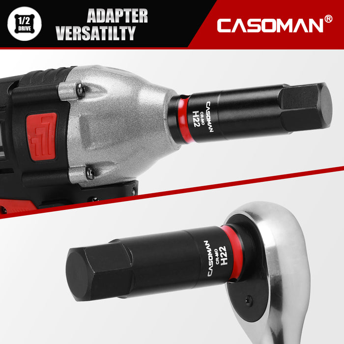 CASOMAN 1/2" Drive 22mm Impact Hex Bit Socket, One-Piece H22 Allen Socket with Red Color-Code Ring, 78mm Length, CR-MO