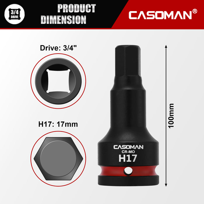 CASOMAN 3/4" Drive Large 17mm Impact Hex Bit Socket, One-Piece H17 Allen Socket with Red Color-Code Ring, 100mm Length, CR-MO