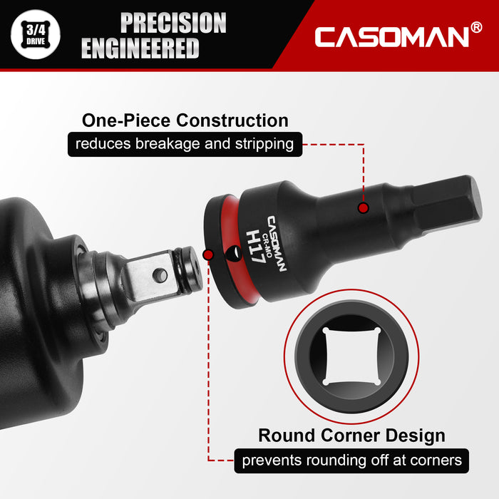 CASOMAN 3/4" Drive Large 17mm Impact Hex Bit Socket, One-Piece H17 Allen Socket with Red Color-Code Ring, 100mm Length, CR-MO