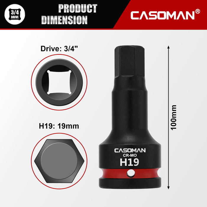 CASOMAN 3/4" Drive Large 19mm Impact Hex Bit Socket, One-Piece H19 Allen Socket with Red Color-Code Ring, 100mm Length, CR-MO