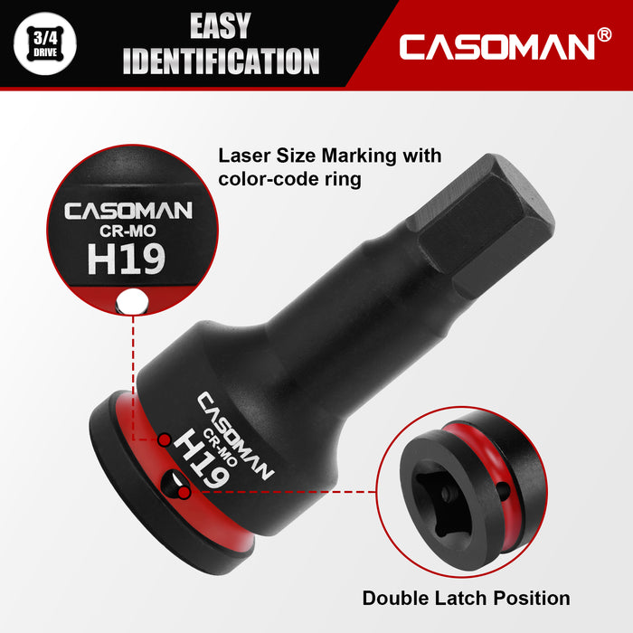 CASOMAN 3/4" Drive Large 19mm Impact Hex Bit Socket, One-Piece H19 Allen Socket with Red Color-Code Ring, 100mm Length, CR-MO