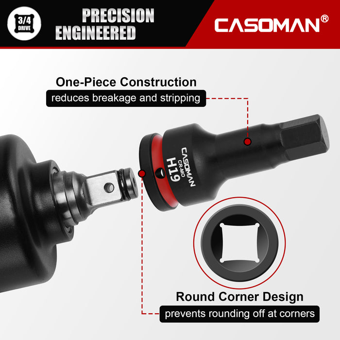 CASOMAN 3/4" Drive Large 19mm Impact Hex Bit Socket, One-Piece H19 Allen Socket with Red Color-Code Ring, 100mm Length, CR-MO