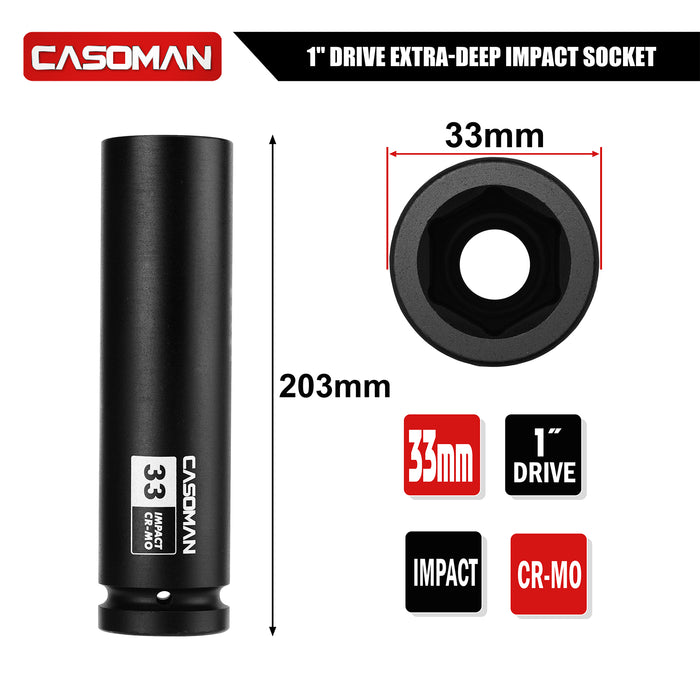 CASOMAN 1" Drive 33mm Extra-Deep Impact Socket, 8-Inch Long, 6-Point, Metric, CR-MO