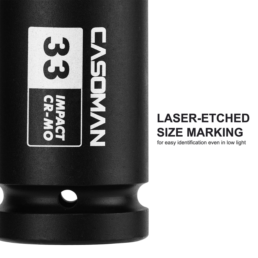 CASOMAN 1" Drive 33mm Extra-Deep Impact Socket, 8-Inch Long, 6-Point, Metric, CR-MO