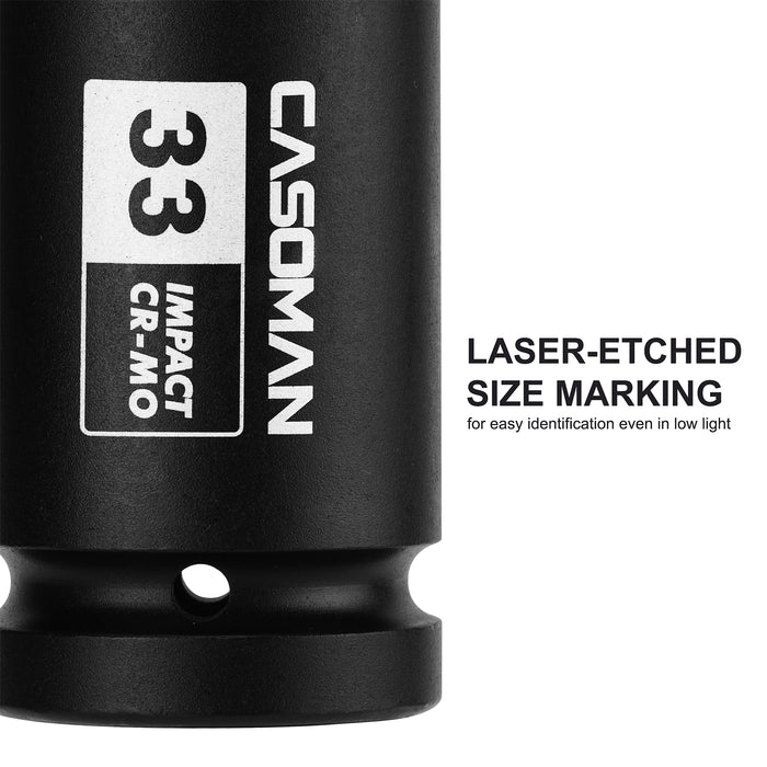 CASOMAN 1" Drive 33mm Extra-Deep Impact Socket, 8-Inch Long, 6-Point, Metric, CR-MO