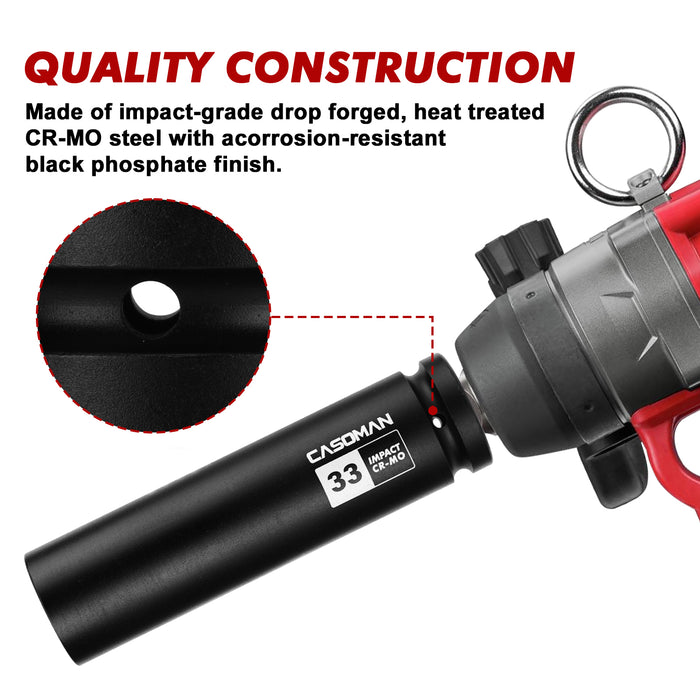 CASOMAN 1" Drive 33mm Extra-Deep Impact Socket, 8-Inch Long, 6-Point, Metric, CR-MO