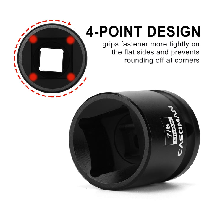 CASOMAN 1/2-Inch Drive 7/8-Inch Square Impact Socket, 4-Point, SAE, CR-MO