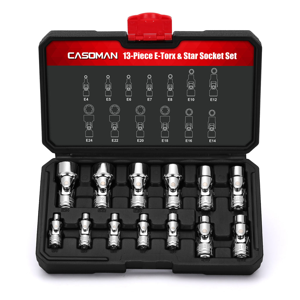 CASOMAN 13PCS 1/4" & 3/8" Drive Universal External Star Socket Set, E4 to E24, CR-V, Swivel Head, 360 Degree Access, with Sturdy Molded Case