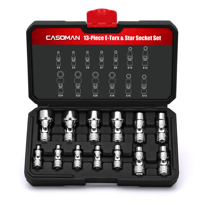 CASOMAN 13PCS 1/4" & 3/8" Drive Universal External Star Socket Set, E4 to E24, CR-V, Swivel Head, 360 Degree Access, with Sturdy Molded Case