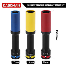 Load image into Gallery viewer, CASOMAN 3PCS 1/2" Drive Non-marring &amp; Thin Wall Lug Nut Impact Socket Set, for Wheel Lug Nut Remover, Extra Deep 150mm, 6-Point, Metric, CR-MO, 17mm 19mm 21mm