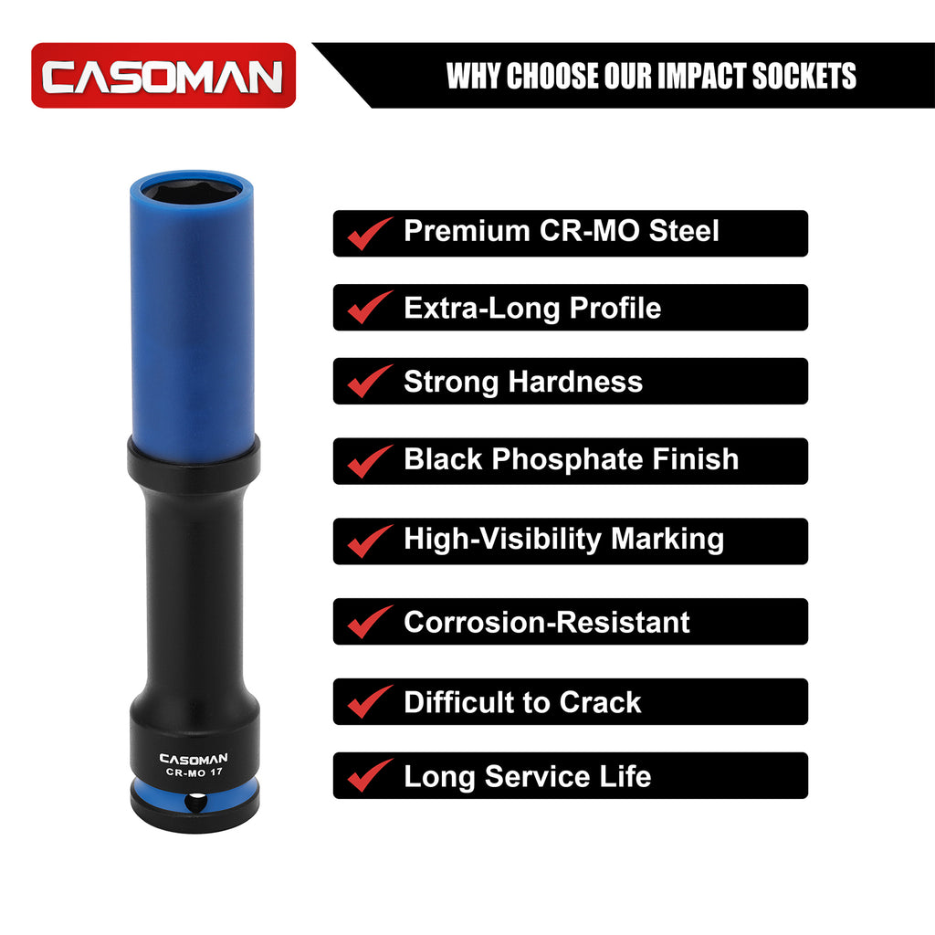 CASOMAN 3PCS 1/2" Drive Non-marring & Thin Wall Lug Nut Impact Socket Set, for Wheel Lug Nut Remover, Extra Deep 150mm, 6-Point, Metric, CR-MO, 17mm 19mm 21mm