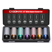 Load image into Gallery viewer, CASOMAN 7PCS 1/2" Drive Deep Lug Nut Impact Socket Set, Non-marring &amp; Thin Wall Wheel Protector, Color-Coded, 85mm Length, 6 Point, Metric, CR-MO