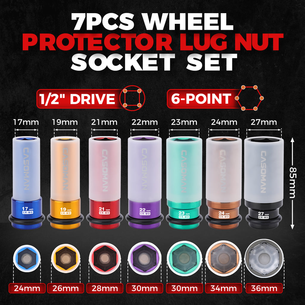CASOMAN 7PCS 1/2" Drive Deep Lug Nut Impact Socket Set, Non-marring & Thin Wall Wheel Protector, Color-Coded, 85mm Length, 6 Point, Metric, CR-MO