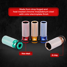 Load image into Gallery viewer, CASOMAN 7PCS 1/2" Drive Deep Lug Nut Impact Socket Set, Non-marring &amp; Thin Wall Wheel Protector, Color-Coded, 85mm Length, 6 Point, Metric, CR-MO