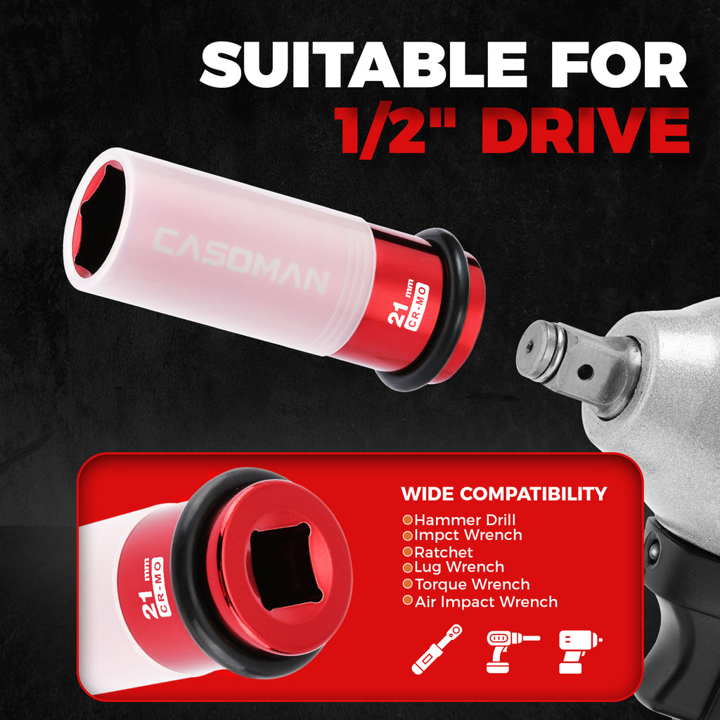 CASOMAN 7PCS 1/2" Drive Deep Lug Nut Impact Socket Set, Non-marring & Thin Wall Wheel Protector, Color-Coded, 85mm Length, 6 Point, Metric, CR-MO