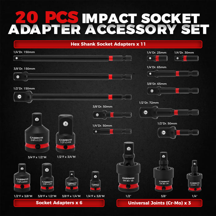 CASOMAN 20PCS 1/4" 3/8" 1/2" Drive Impact Socket Adapter Set, Includes Hex Shank Adapters & Reducers, CR-MO Universal Swivel Socket