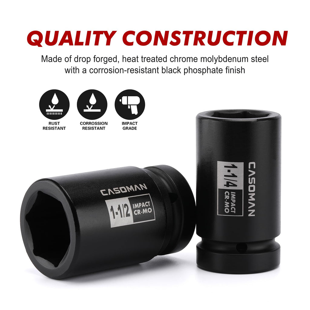 CASOMAN 1-Inch Drive Spindle Axle Nut Impact Socket Set, Deep, 1" to 2", 9PCS Impact Large Socket Set, 6-Point, SAE, CR-MO