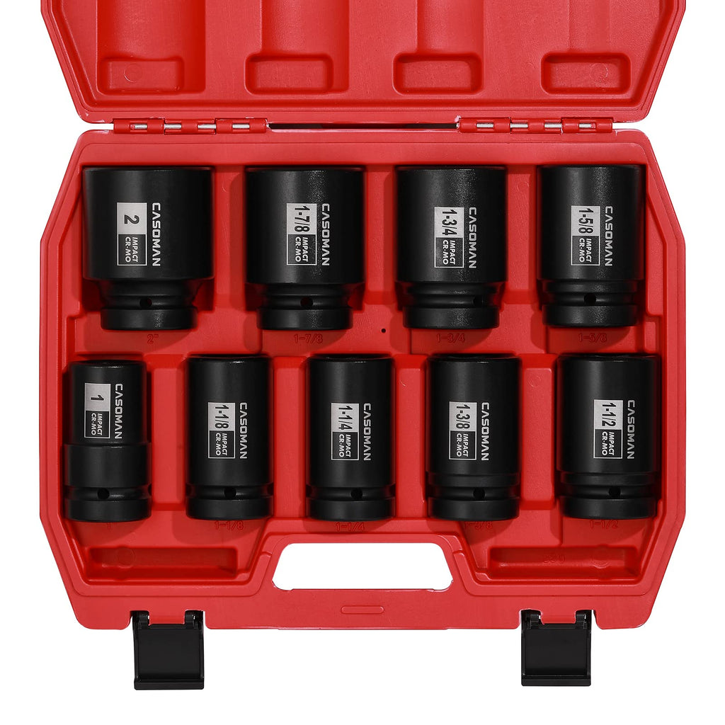 CASOMAN 1-Inch Drive Spindle Axle Nut Impact Socket Set, Deep, 1" to 2", 9PCS Impact Large Socket Set, 6-Point, SAE, CR-MO