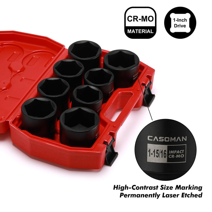 CASOMAN 1/2-Inch Drive Shallow Spindle Axle Nut Impact Socket Set,1-9/16" to 2", 6-Point, SAE, CR-MO, 8 Piece 1/2" Heavy Duty Impact Socket Set