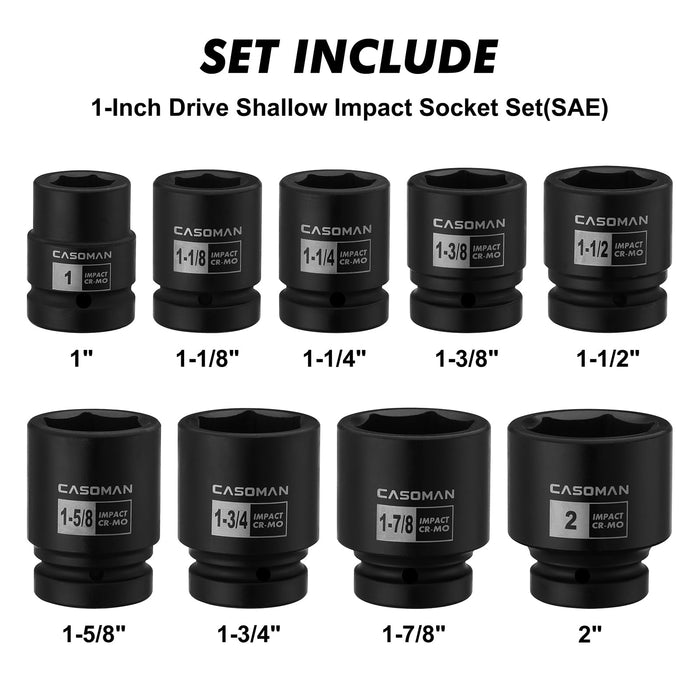 CASOMAN 1-Inch Drive Spindle Axle Nut Impact Socket Set, Shallow, 1" to 2", 9PCS Impact Large Socket Set, 6-Point, SAE, CR-MO