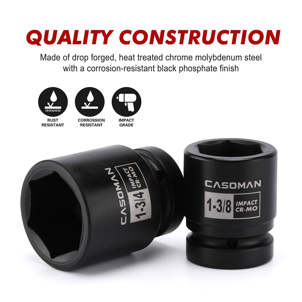 CASOMAN 1-Inch Drive Spindle Axle Nut Impact Socket Set, Shallow, 1" to 2", 9PCS Impact Large Socket Set, 6-Point, SAE, CR-MO