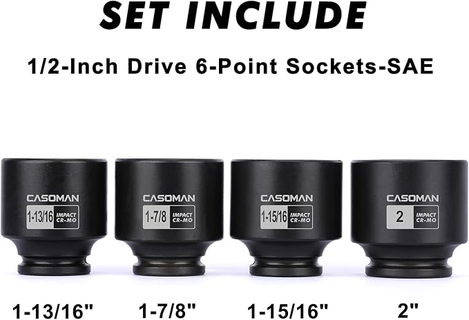 CASOMAN 4-Piece 1/2-Inch Drive Spindle Axle Nut Impact Socket Set, 6-Point, SAE 1-13/16–2 Inch, CR-MO