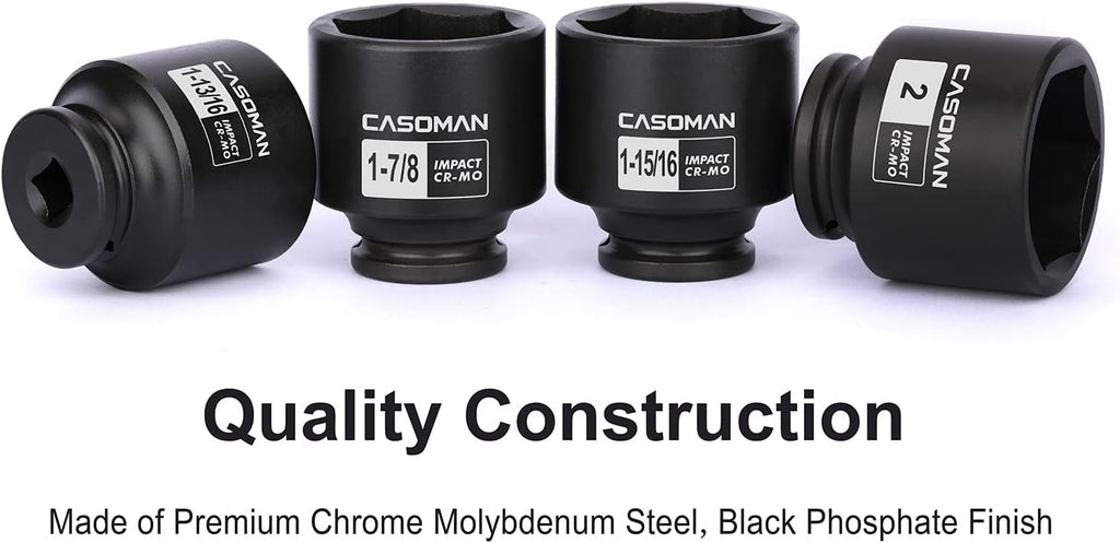 CASOMAN 4-Piece 1/2-Inch Drive Spindle Axle Nut Impact Socket Set, 6-Point, SAE 1-13/16–2 Inch, CR-MO