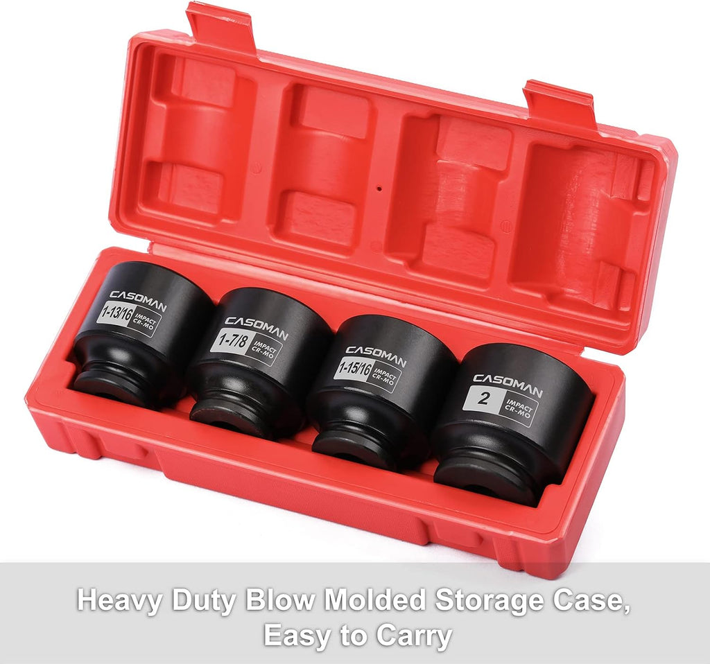 CASOMAN 4-Piece 1/2-Inch Drive Spindle Axle Nut Impact Socket Set, 6-Point, SAE 1-13/16–2 Inch, CR-MO