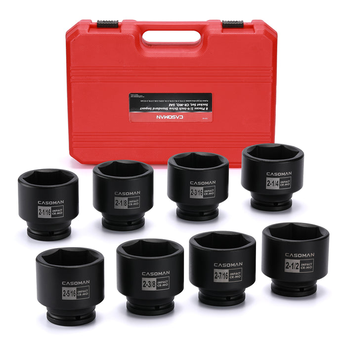 CASOMAN 3/4'' Drive Spindle Axle Nut Impact Socket Set, 6 Point, CR-MO,2-1/16" to 2-1/2", 8PC Impact Large Socket Set, Heavy Duty Use In Removing And Installing Axle Nuts