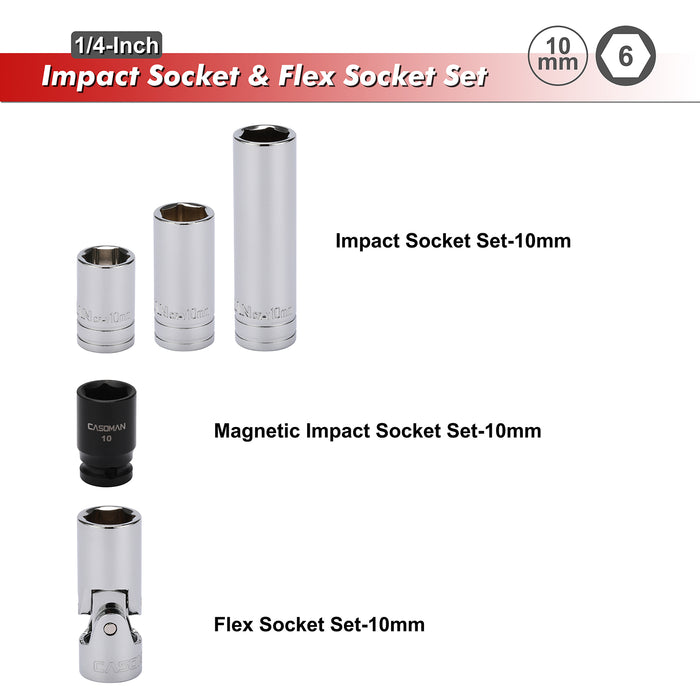 CASOMAN 5Pcs 1/4-Inch Impact Socket & Flex Socket Set, 10mm, 6-Point, Include Magnetic impacet socket, Storage Rail