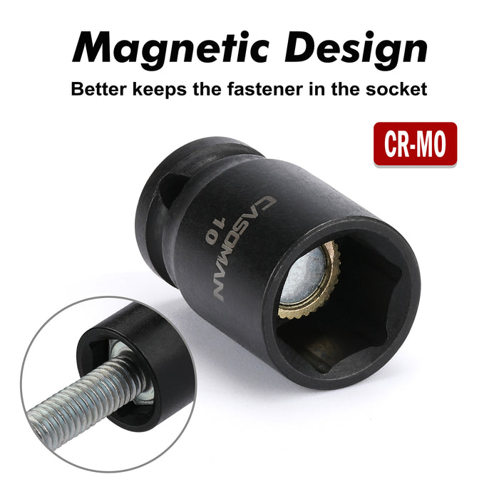 CASOMAN 5Pcs 1/4-Inch Impact Socket & Flex Socket Set, 10mm, 6-Point, Include Magnetic impacet socket, Storage Rail