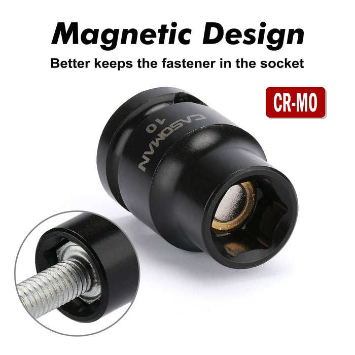 CASOMAN 5Pcs 3/8-Inch Impact Socket & Flex Socket Set, 10mm, 6-Point, Include Magnetic impacet socket, Storage Rail, Mirror Chrome Finish